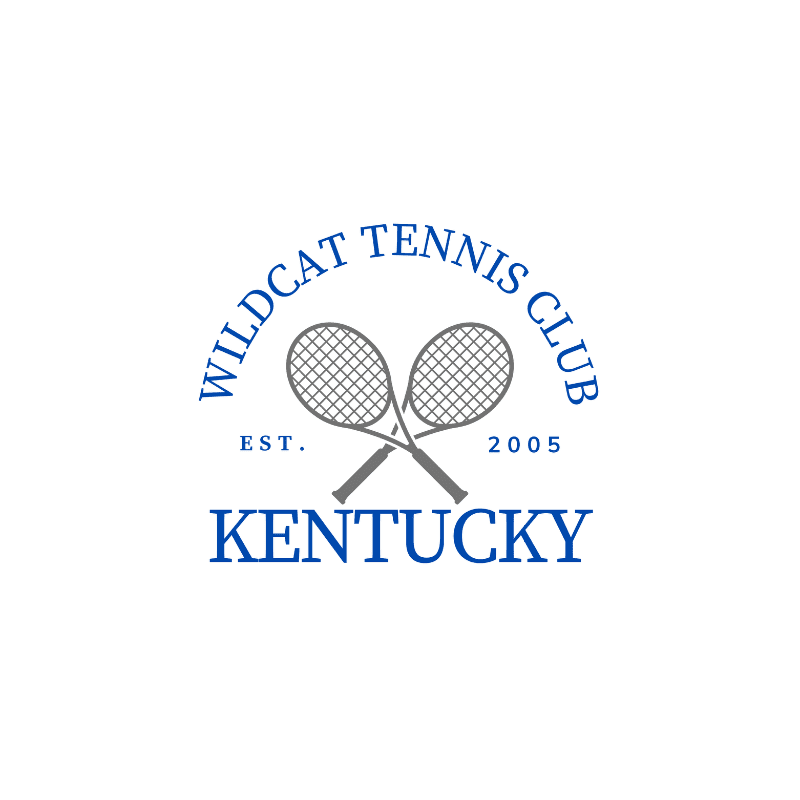 Two crossed tennis rackets are centered on a white background, with "WILDCAT TENNIS CLUB EST. 2005 KENTUCKY" arched above and below them.