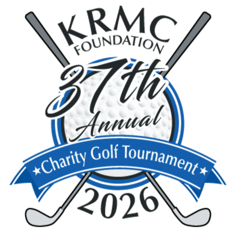 Two crossed golf clubs form the base for a circular logo featuring a golf ball texture, the text "KRMC FOUNDATION 37th Annual Charity Golf Tournament" and the year "2026" in the background.