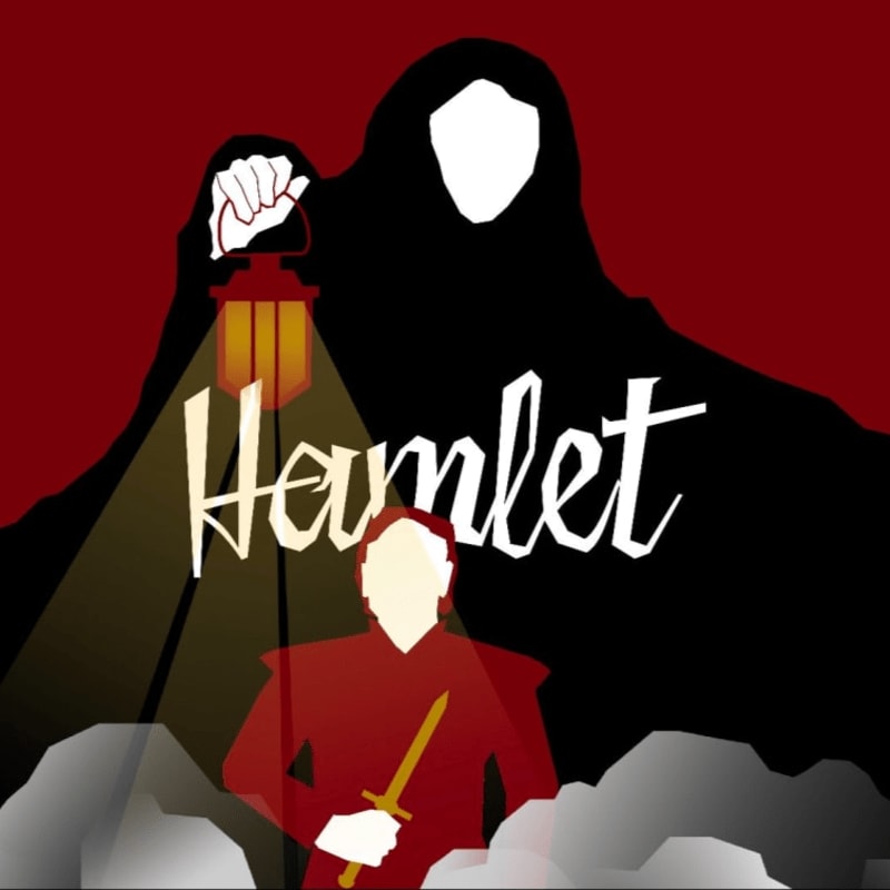 A lone figure holding a lantern stands in the foreground against a dark, shadowy silhouette and a red background advertising "Hamlet" auditions.