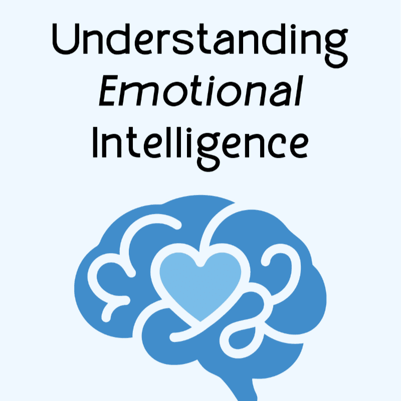 A blue brain with a heart in the center is shown in the foreground against a light blue background with the words "Understanding Emotional Intelligence" in black text above it.