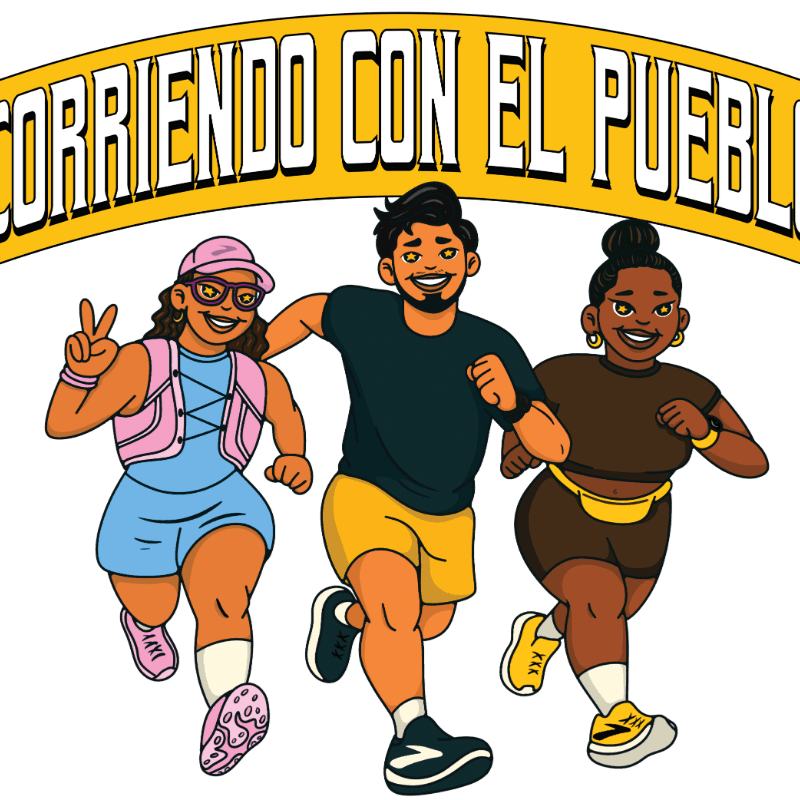 Three diverse individuals joyfully run towards the viewer, with a yellow banner proclaiming "CORRIENDO CON EL PUEBLO" arching above them.