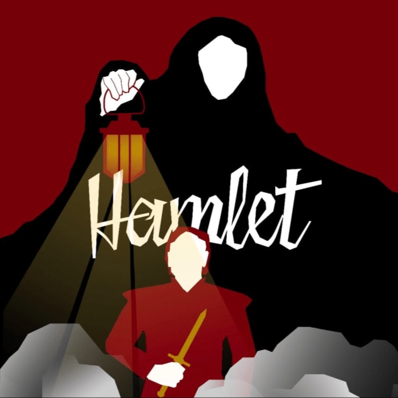 A lone figure holding a lantern stands in the foreground against a dark, shadowy silhouette and a red background advertising "Hamlet" auditions.