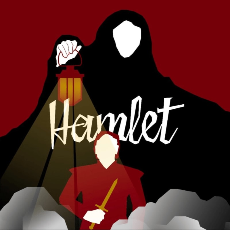 A lone figure holding a lantern stands in the foreground against a dark, shadowy silhouette and a red background advertising "Hamlet" auditions.