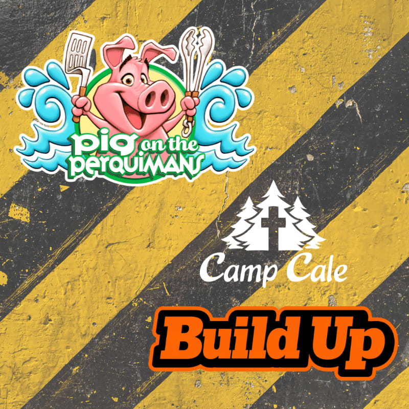 A cartoon pig with cooking utensils is in the foreground, with a logo for "Camp Cale" and "Build Up" below it, all set against a yellow and black striped background.