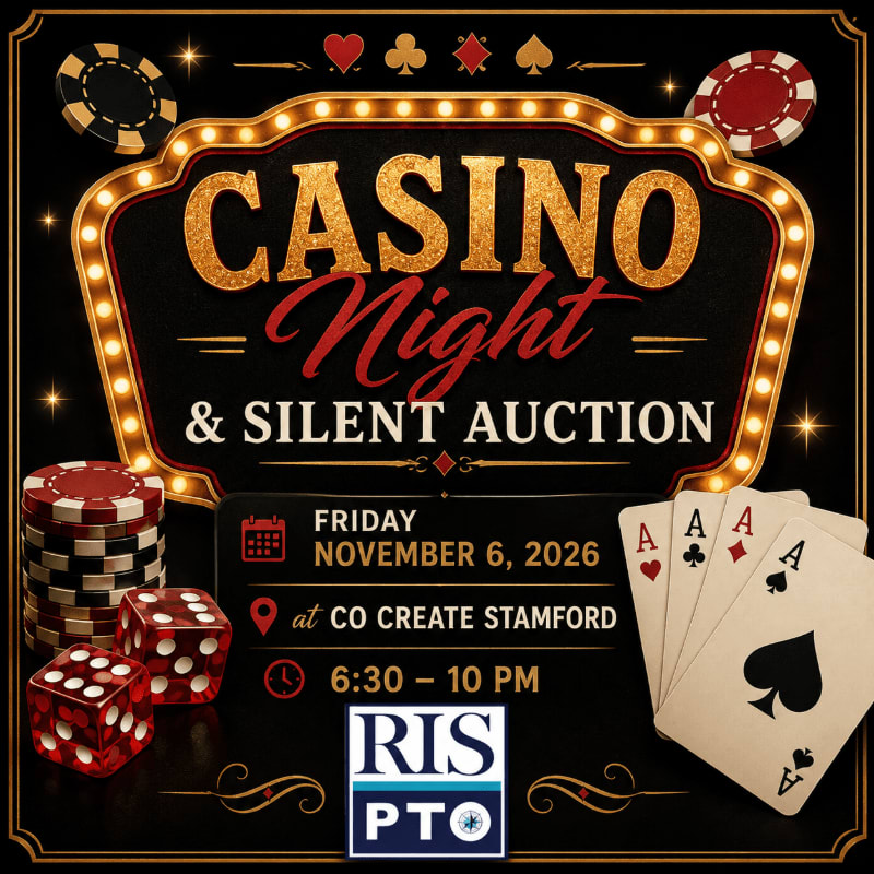 Casino chips, dice, and playing cards are in the foreground, while a marquee sign announces "CASINO NIGHT & SILENT AUCTION" in the background.