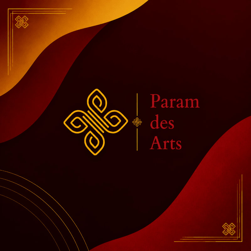 A golden, intricate symbol rests on a dark red background with flowing, abstract shapes in shades of red and gold, framed by decorative golden corners.