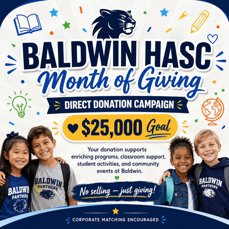 Four smiling children in Baldwin Panthers shirts are featured in the foreground, with a colorful background promoting the "Baldwin HASC Month of Giving" direct donation campaign with a $25,000 goal.
