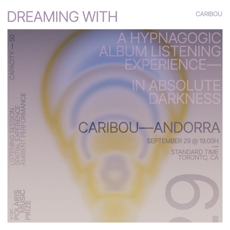 A blurred, abstract background with concentric circles of yellow and blue frames a poster announcing a Caribou album listening experience in absolute darkness.