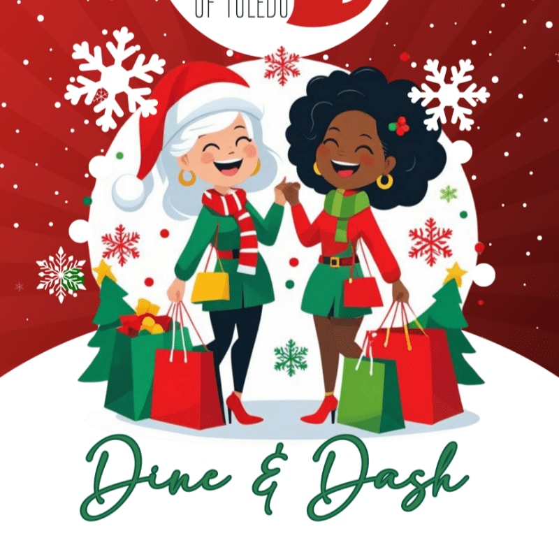 Two smiling women in festive attire, laden with shopping bags and surrounded by Christmas trees, stand against a snowy, snowflake-adorned background with the words "Dine & Dash" at the bottom.