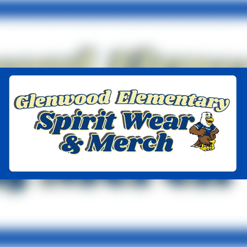 A cartoon eagle stands next to the words "Glenwood Elementary Spirit Wear & Merch" on a white background framed by blue.
