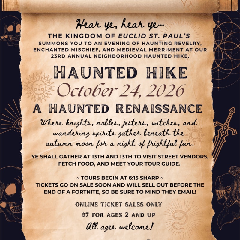 A medieval-style scroll announcing a "Haunted Hike" event is framed by spooky illustrations of skulls and swords.