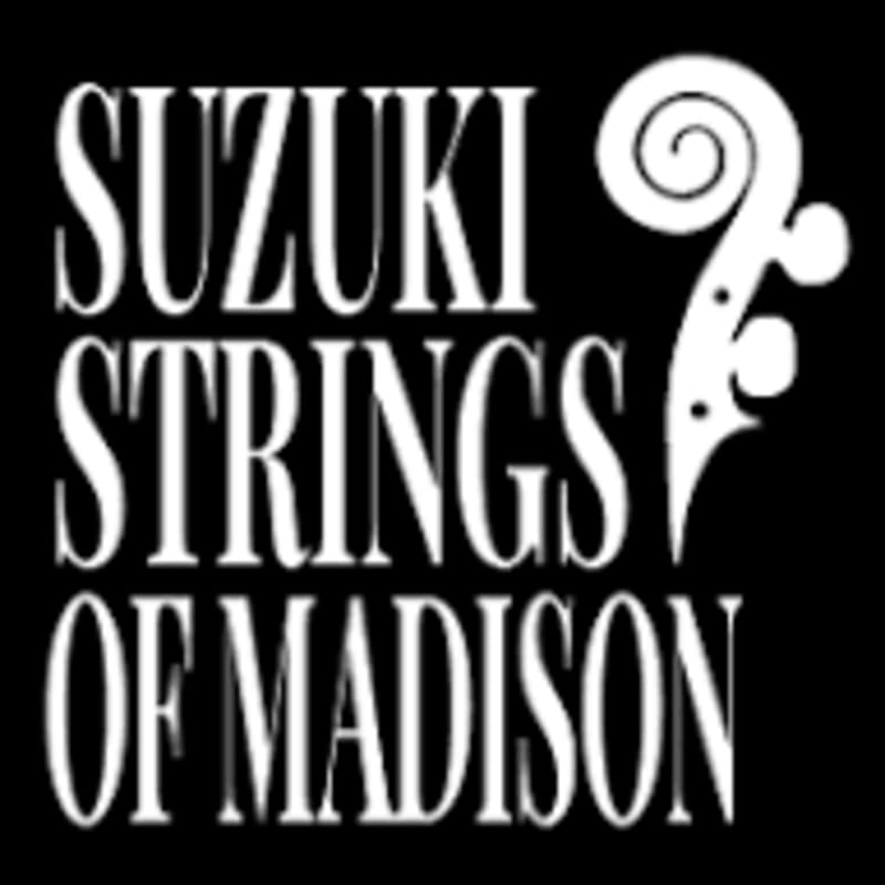 White text reading "SUZUKI STRINGS OF MADISON" is arranged on the left side of a black background, with a white stylized scroll of a violin or cello on the right.