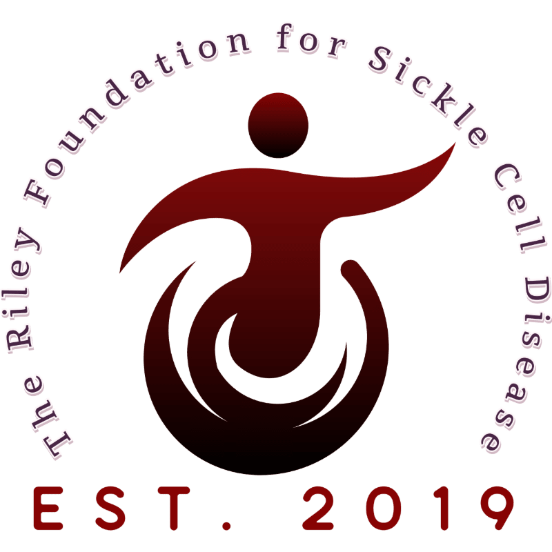 A maroon logo with a stylized human figure in the center, surrounded by a circular text that reads "The Riley Foundation for Sickle Cell Disease" and the establishment date "EST. 2019" below, all on a white background.