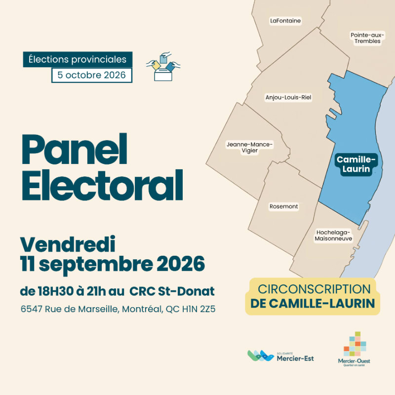 A poster announces an electoral panel on September 11, 2026, with a map of electoral districts in the background, highlighting Camille-Laurin.