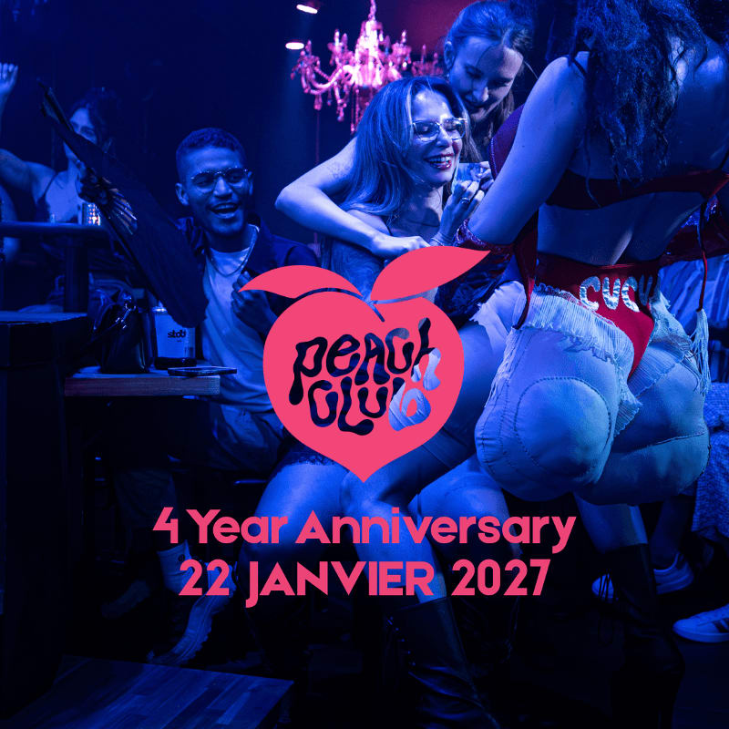 A group of people celebrate in a dimly lit club with a large peach logo and event details in the foreground.