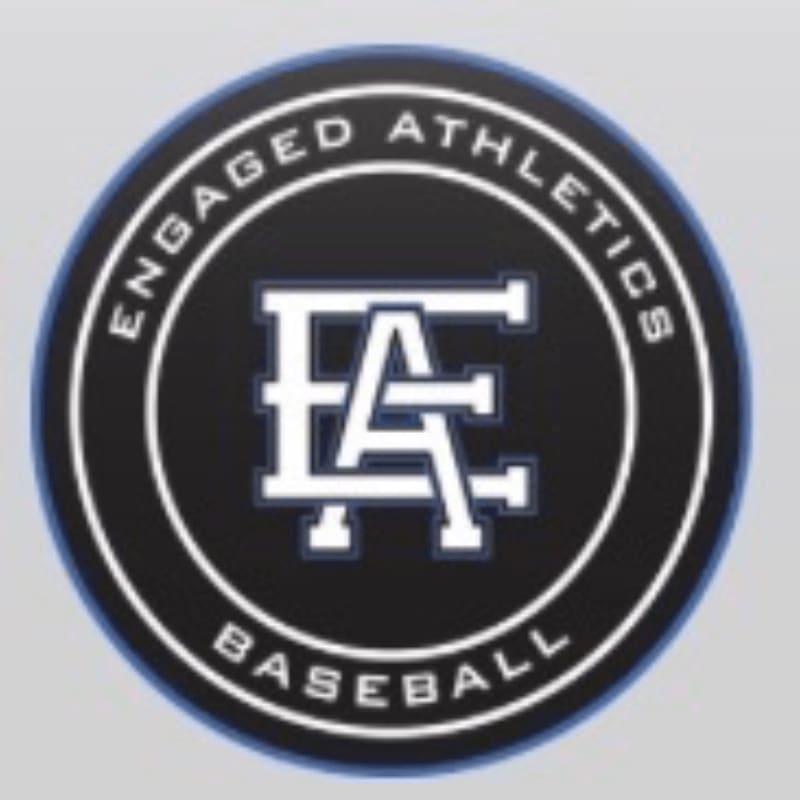 A circular logo with "ENGAGED ATHLETICS BASEBALL" around the edge and "EA" intertwined in the center, set against a light gray background.