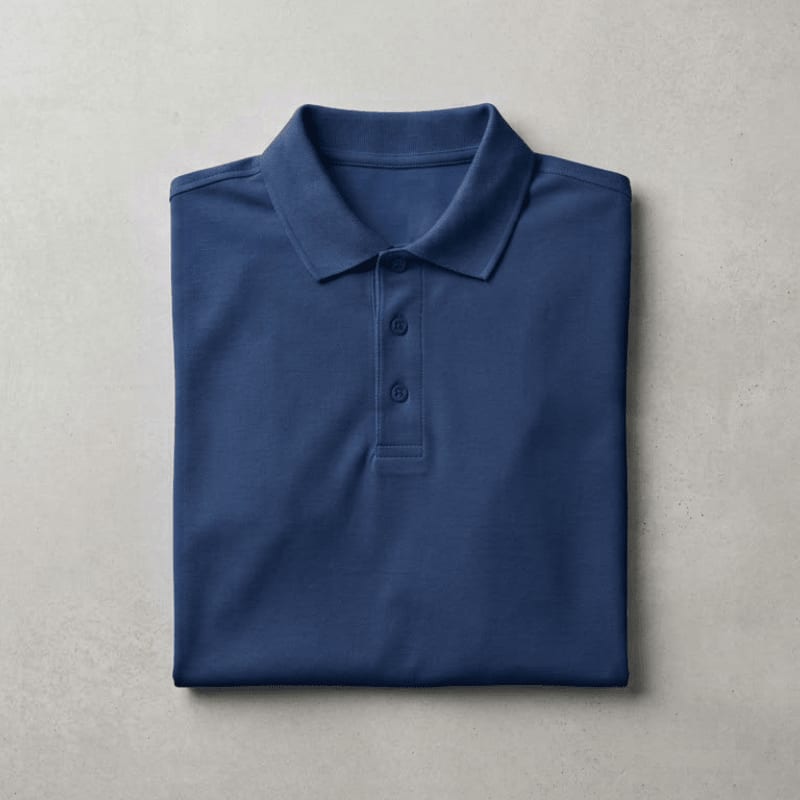 A folded navy blue polo shirt lies on a textured gray surface.