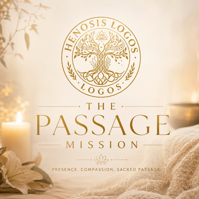 A lit candle and a white lily rest in the foreground, while the background features a golden circular logo with a tree of life and the text "THE PASSAGE MISSION" above a lotus flower.