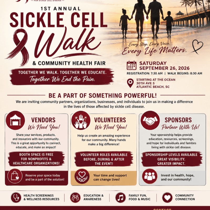 A family walks on a beach at sunset in the background, while the foreground displays event details for a sickle cell walk and community health fair.