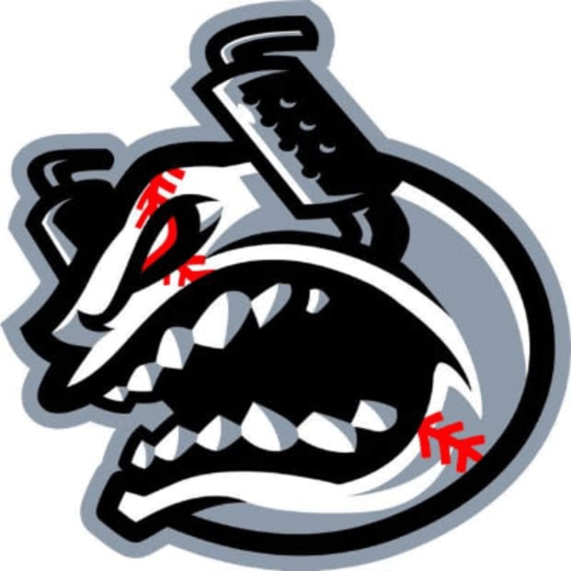 A stylized baseball with sharp teeth and red stitching is aggressively biting down on a black object, set against a plain white background.