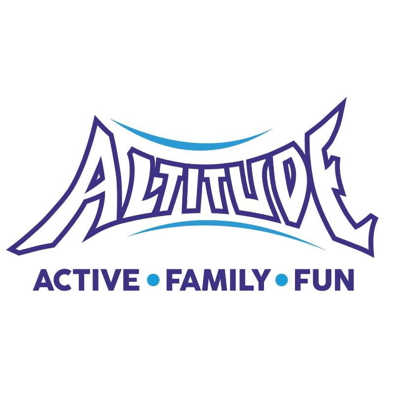 The foreground features the word "ALTITUDE" in a stylized blue font with a white outline, underlined by two wavy blue lines, and below it, the words "ACTIVE FAMILY FUN" in blue text separated by blue dots, all set against a plain white background.