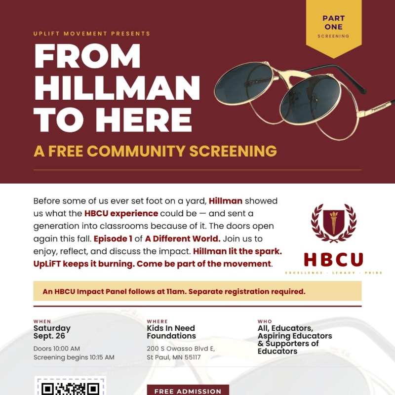 A poster advertises a free community screening of "From Hillman to Here," featuring a pair of sunglasses in the upper right corner and event details below.