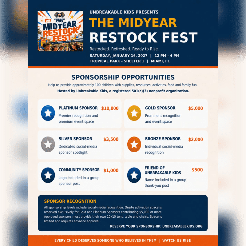 A flyer details sponsorship opportunities for "The Midyear Restock Fest" hosted by Unbreakable Kids, with various sponsorship levels and recognition benefits listed against a blue and orange background.