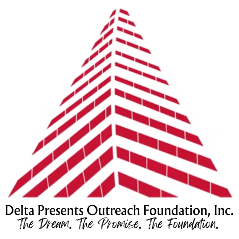 A red and white striped pyramid logo with the text "Delta Presents Outreach Foundation, Inc. The Dream. The Promise. The Foundation." below it.
