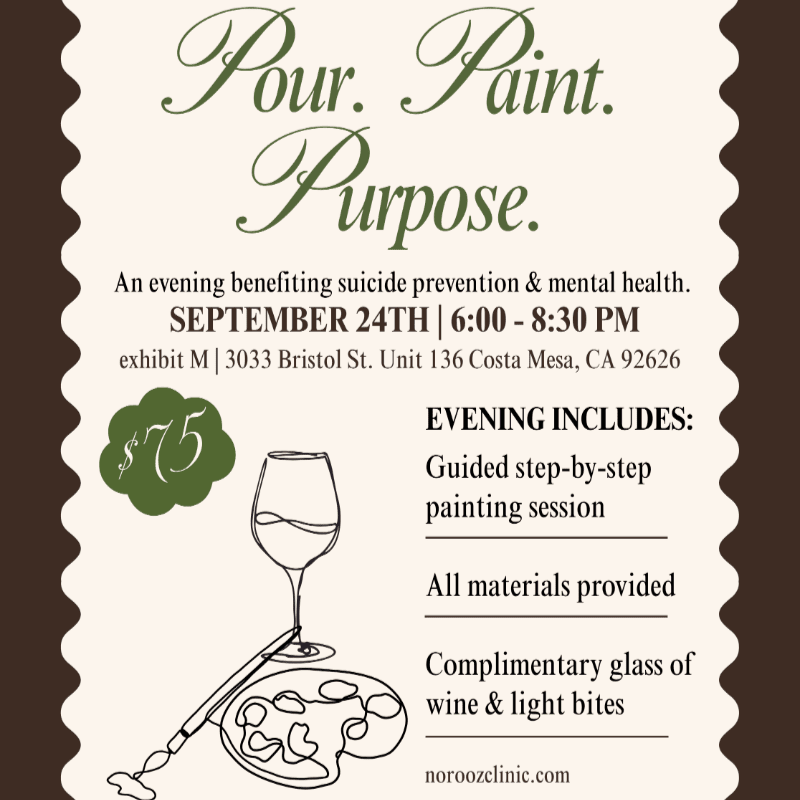 A wine glass and paint palette with a brush in the foreground are set against a dark brown background with text announcing a "Pour. Paint. Purpose." event.