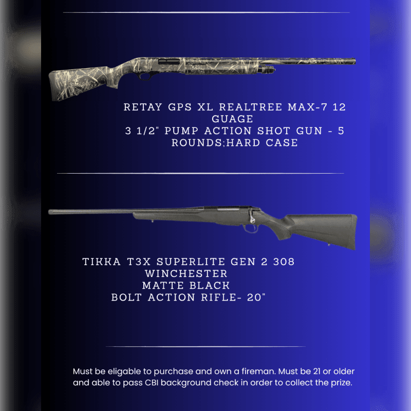 Two firearms, a camouflage shotgun and a black rifle, are displayed against a dark blue gradient background with text detailing their specifications and eligibility requirements.