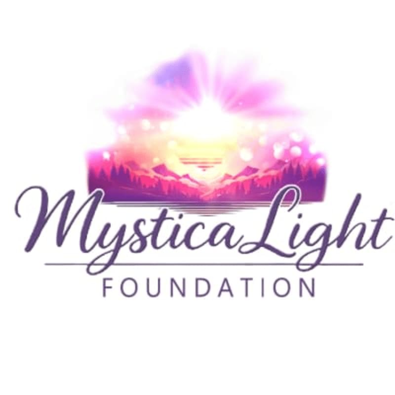 A stylized logo features the words "Mystica Light FOUNDATION" in elegant script and block letters, set against a vibrant, ethereal background of a glowing sunrise over silhouetted mountains and trees.