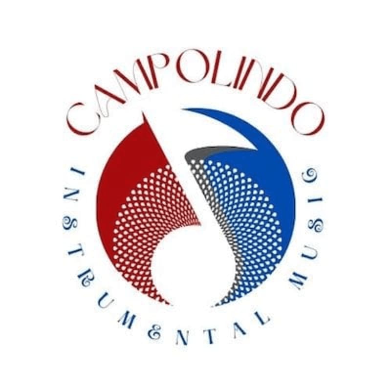 A red and blue musical note with a dotted texture is centered on a white background, surrounded by the words "CAMPOLINDO INSTRUMENTAL MUSIC" in a circular arrangement.