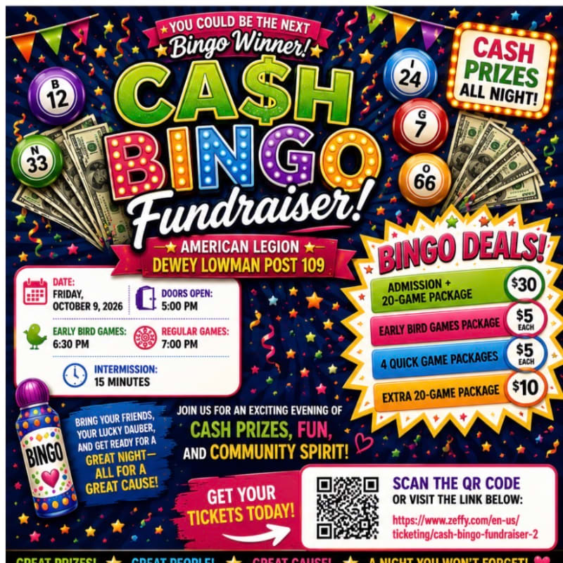 A colorful flyer advertises a cash bingo fundraiser for the American Legion, featuring bingo balls, money, and ticket deals in the foreground against a dark, starry background.