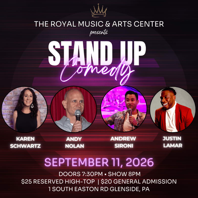 Four comedians are featured in circular portraits against a dark background with purple lighting and event details.