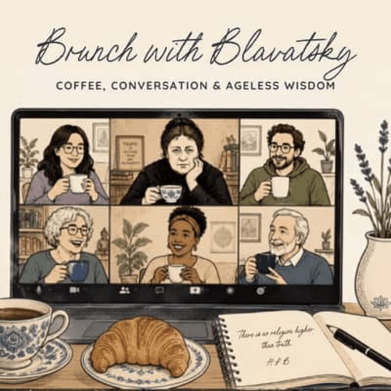 A laptop screen displays a virtual meeting with six people, while a croissant, coffee cup, and notebook rest on a wooden desk in the foreground, with a vase of lavender in the background.