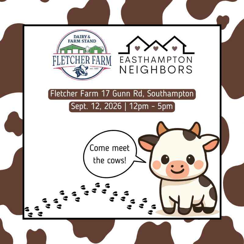 A cartoon cow with a speech bubble saying "Come meet the cows!" stands on a white background with cow footprints, framed by a cow-print border.