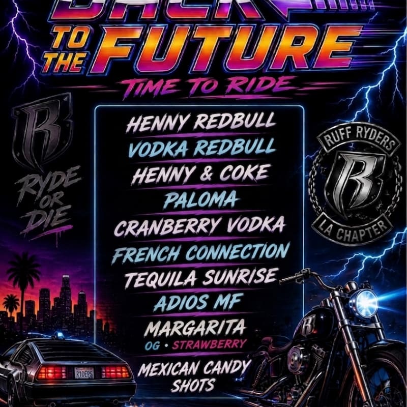 A DeLorean car and a motorcycle are featured in the foreground against a backdrop of a city skyline and lightning.