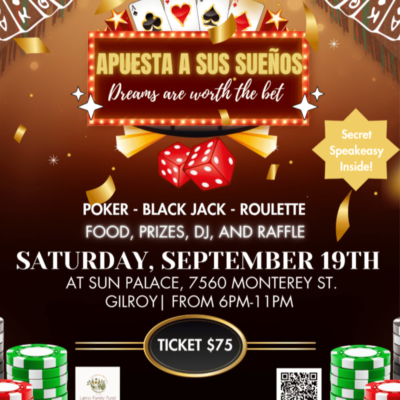 A casino-themed event poster advertises poker, blackjack, and roulette with food, prizes, a DJ, and a raffle on Saturday, September 19th, at Sun Palace in Gilroy, featuring a ticket price of $75 and a QR code for more information, all set against a dark background with poker chips and dice in the foreground.