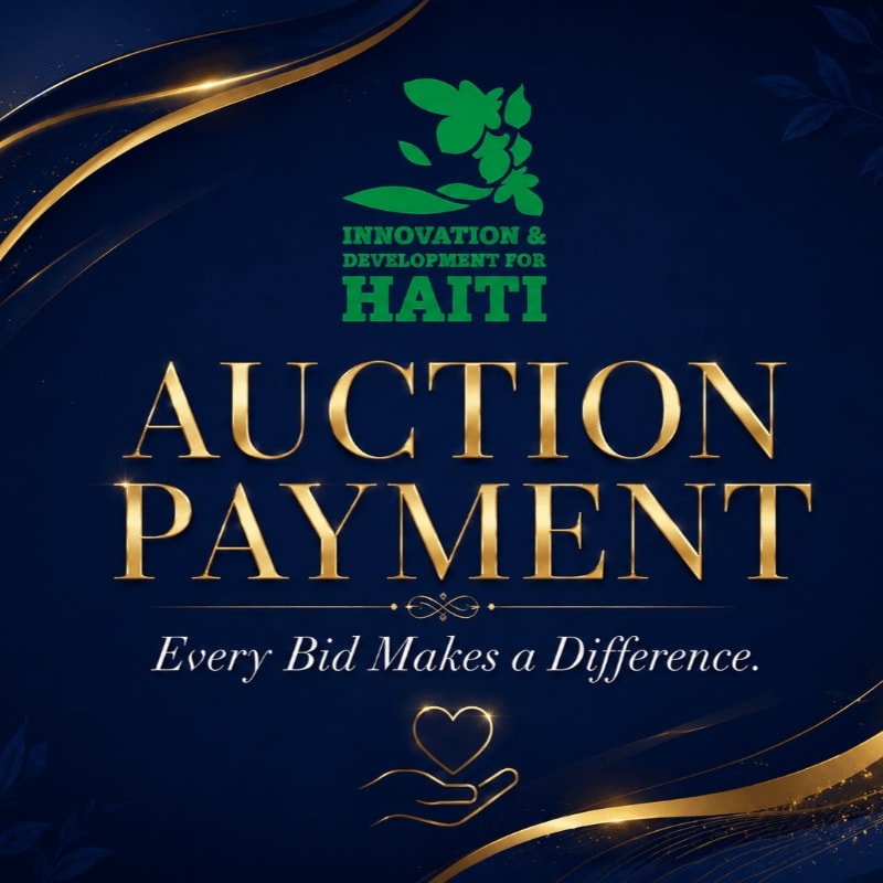 Golden text announcing "AUCTION PAYMENT" and a tagline "Every Bid Makes a Difference" are displayed against a dark blue background with ornate gold accents and a logo for "INNOVATION & DEVELOPMENT FOR HAITI" at the top.