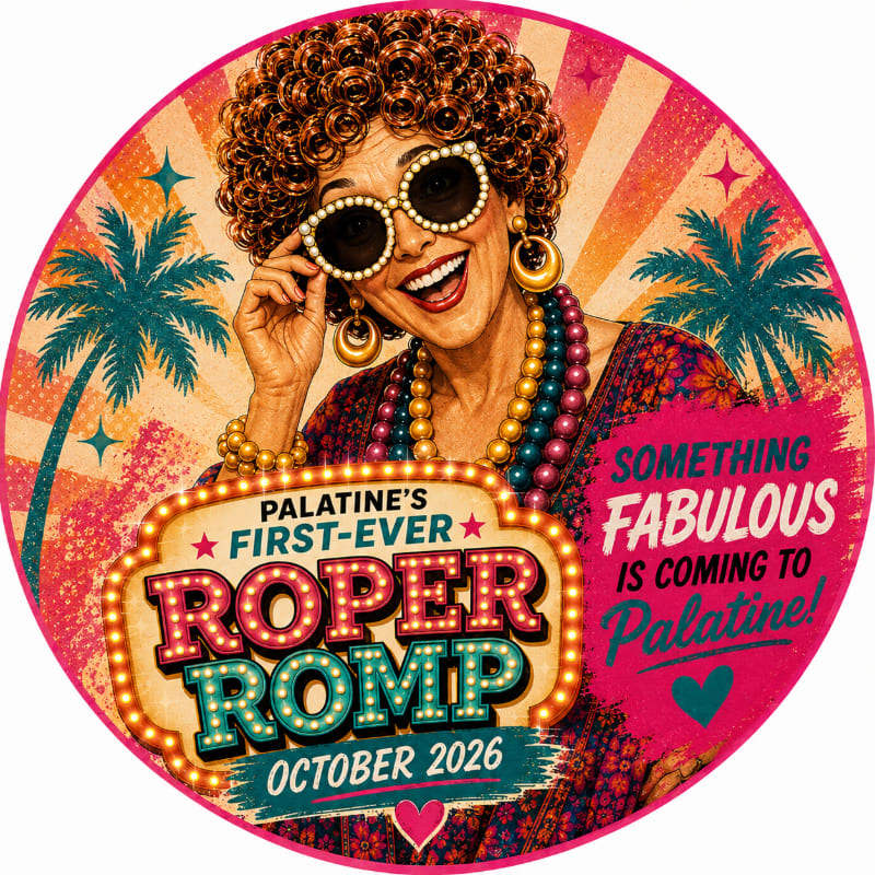 A smiling woman with curly hair and large sunglasses poses in the foreground, while palm trees and a vibrant, starburst background create a festive atmosphere.