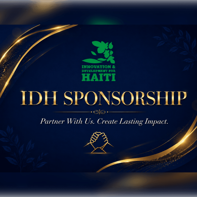 Golden swirls frame the "IDH SPONSORSHIP" text and a handshake icon in the foreground, set against a dark blue background with a green logo for "INNOVATION & DEVELOPMENT FOR HAITI" at the top.