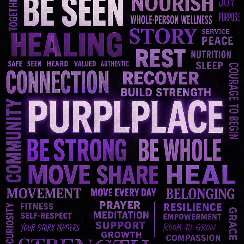 A dark background is filled with words in various shades of purple and white, with "PURPLPLACE" prominently displayed in the foreground.