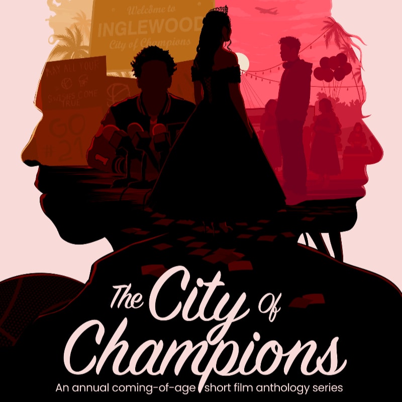Silhouetted figures, including a crowned girl and a boy in a jacket, are superimposed over a pink background featuring palm trees and a "Welcome to Inglewood" sign, with the title "The City of Champions" prominently displayed.