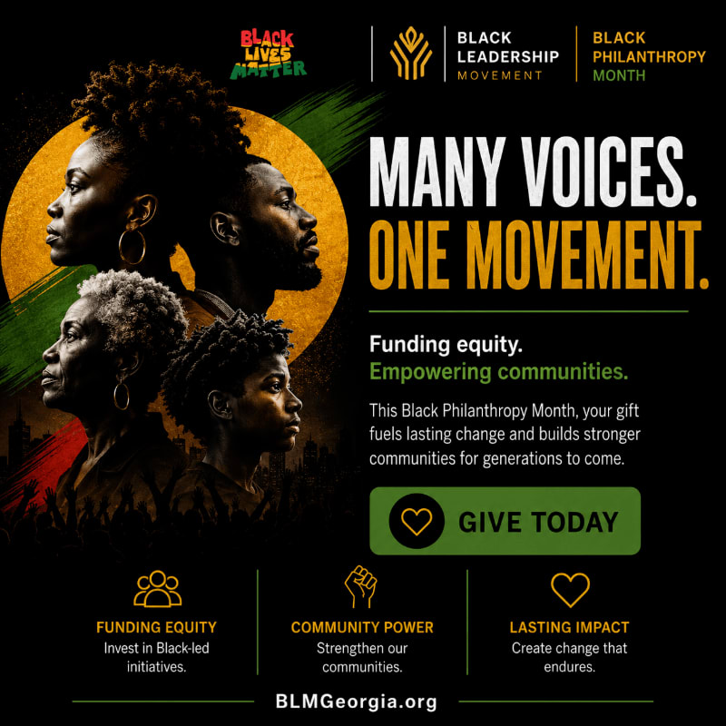 Four Black individuals are featured in the foreground against a backdrop of text promoting Black Philanthropy Month and a "Black Lives Matter" logo.