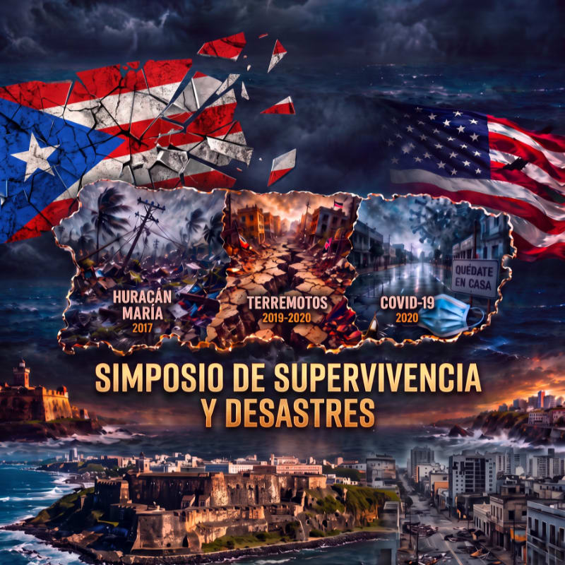 In the foreground, a city skyline and a historic fort are visible, while the background features the fragmented flags of Puerto Rico and the United States above images of natural disasters and a mask, all under the title "SIMPOSIO DE SUPERVIVENCIA Y DESASTRES."
