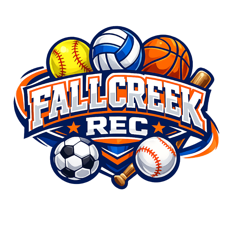 A logo for Fall Creek Rec features sports balls like a soccer ball and baseball in the foreground, with a basketball, volleyball, and baseball in the background, all set against a white backdrop.
