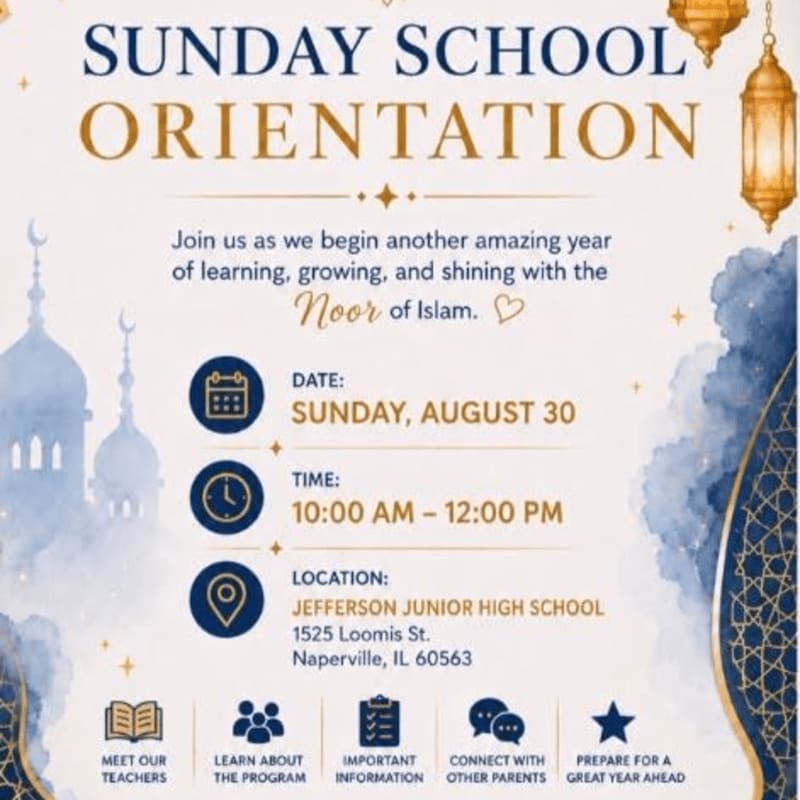 A flyer for Sunday School Orientation features event details in the foreground against a background of Islamic architectural elements and decorative lanterns.