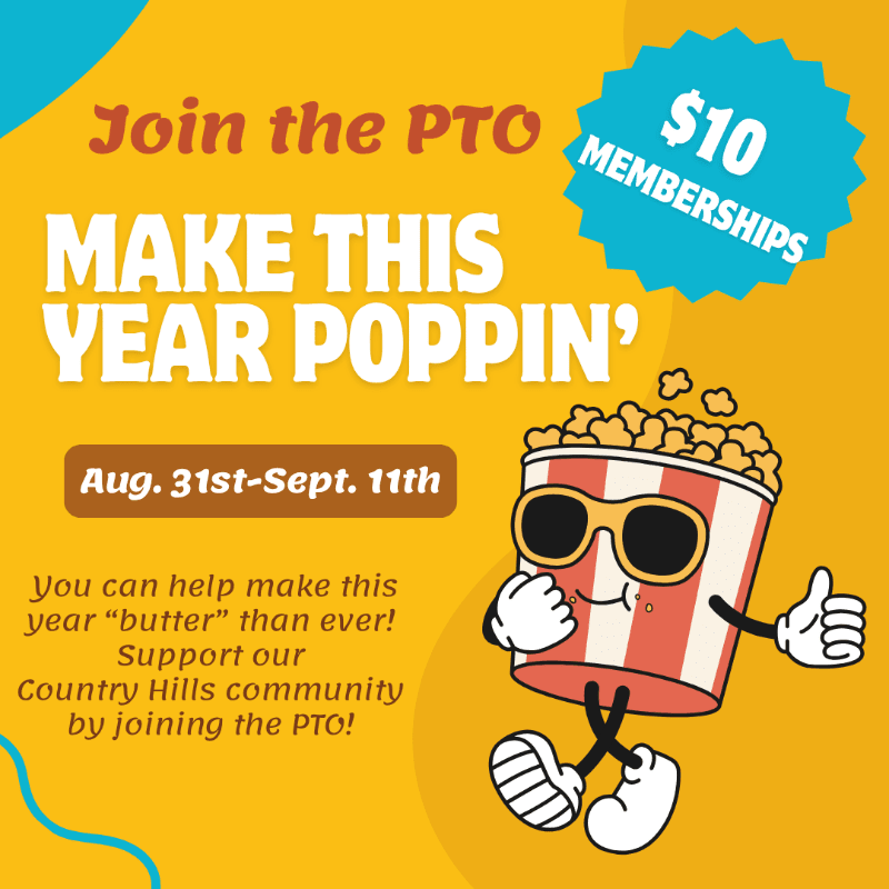 A cartoon popcorn bucket with sunglasses gives a thumbs up in the foreground, while the background features text announcing PTO membership and dates.