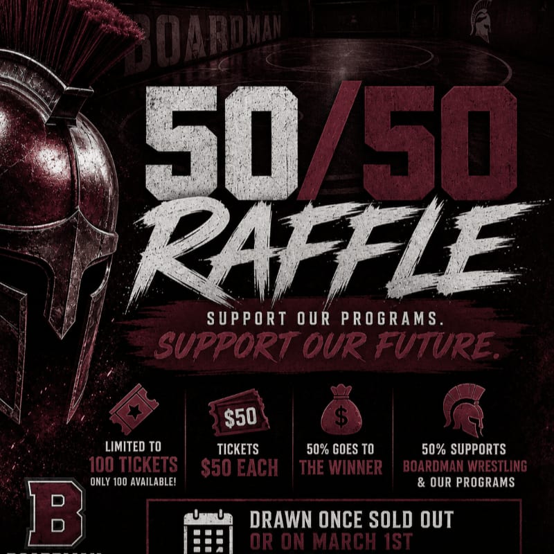 A Spartan helmet and raffle details are in the foreground, with a blurred basketball court in the background.