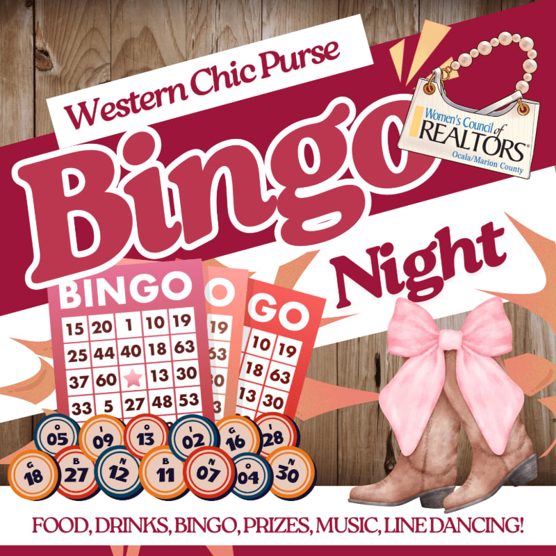 A "Western Chic Purse Bingo Night" is advertised with bingo cards and cowboy boots in the foreground against a rustic wooden background.